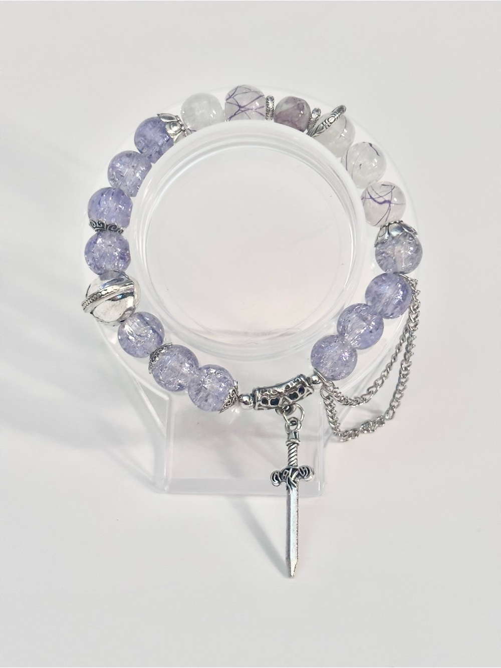 Handcrafted Lavender Bead Bracelet with Sword Charm And Helmet Charm